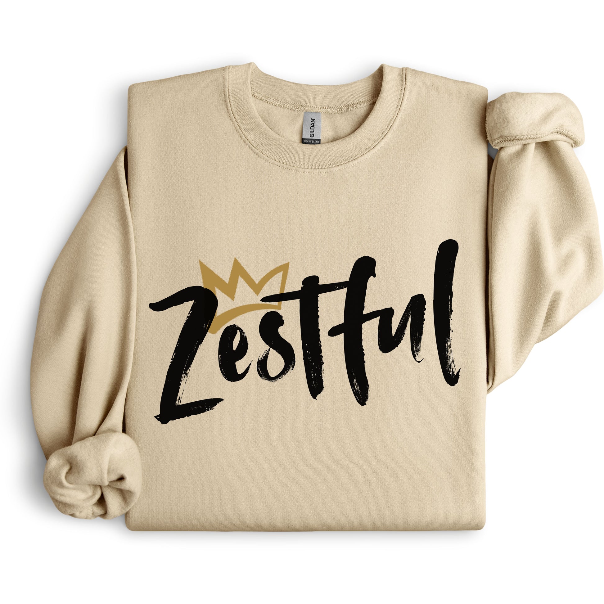 Sand crowned Zestful statement crewneck sweatshirt folded
