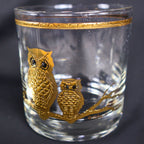 Close front view of one vintage Culver owl rocks glass showing a large and small owl in raised gold decoration on a branching perch. The clear lowball glass has a narrow gold rim and visible vintage surface character beneath the detailed bird motif.