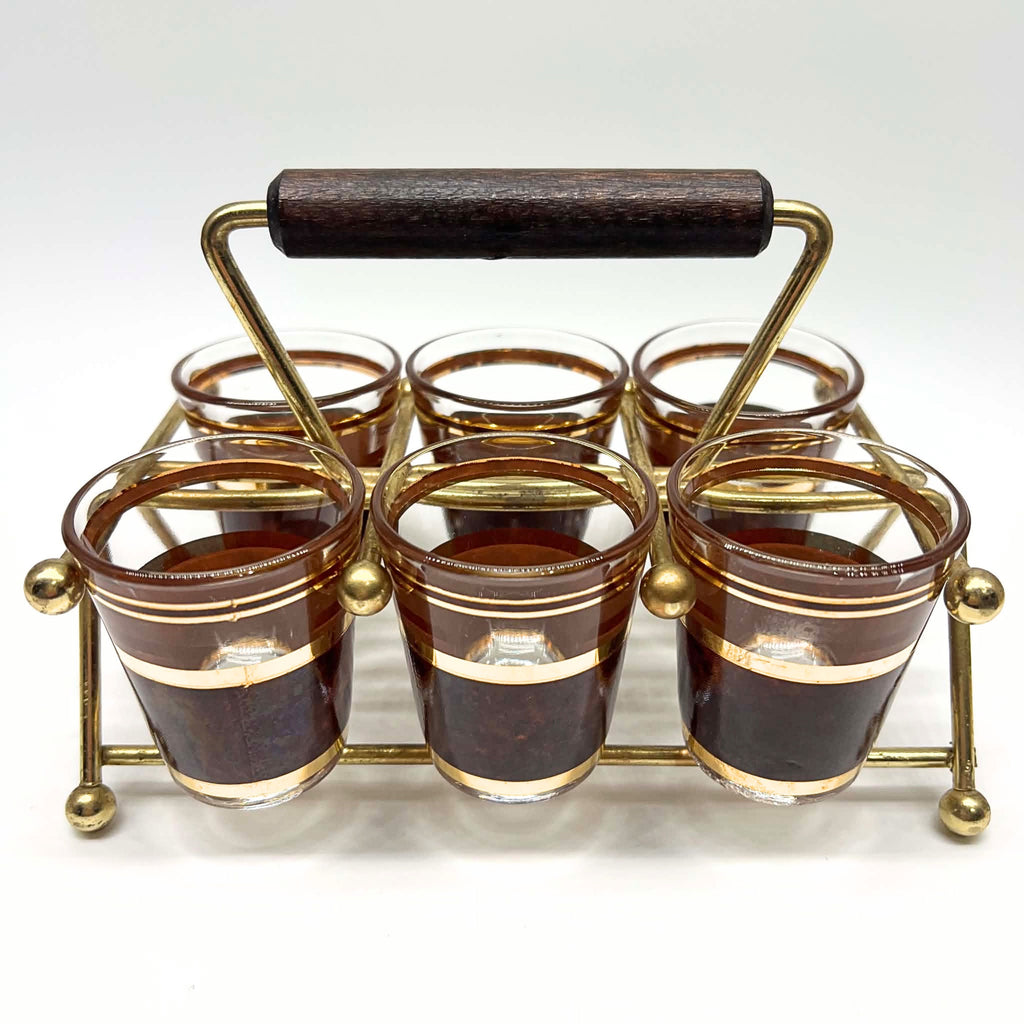 Vintage Culver Tortoiseshell Shot Glasses | Brown & Gold Hollywood Regency Barware