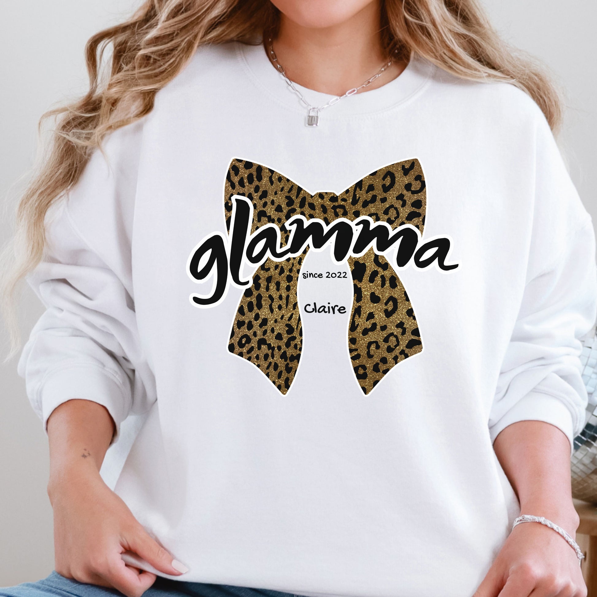 Custom Glamma leopard bow crewneck sweatshirt styled for everyday wear