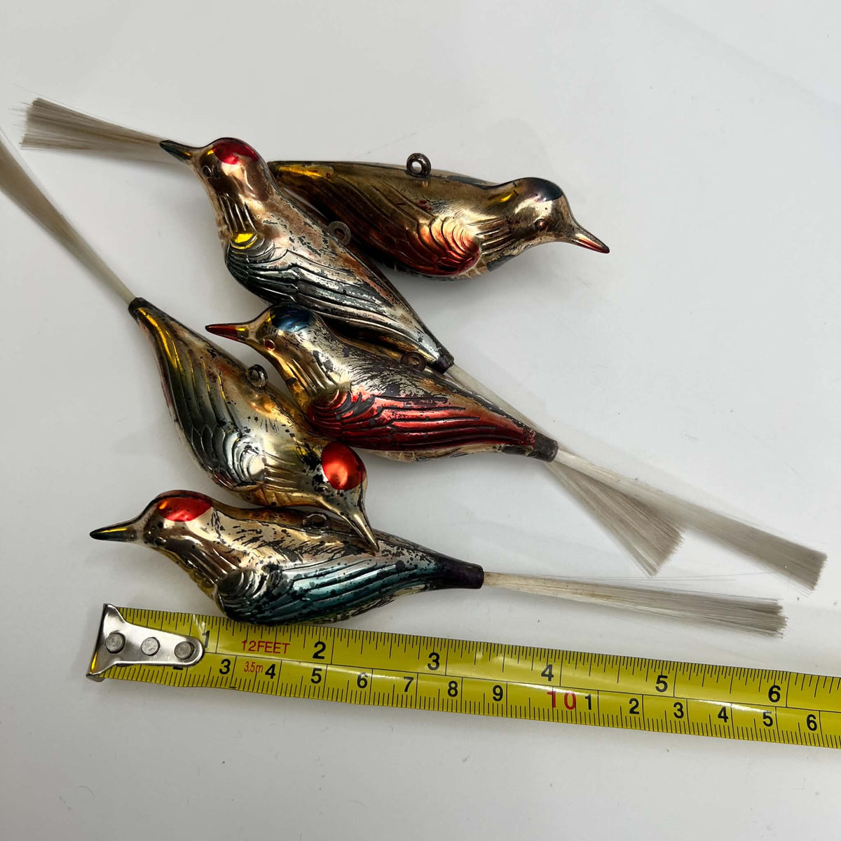 Antique German Blown Glass Bird Christmas Ornaments with Spun Glass Tails | 5 Piece Collector Lot