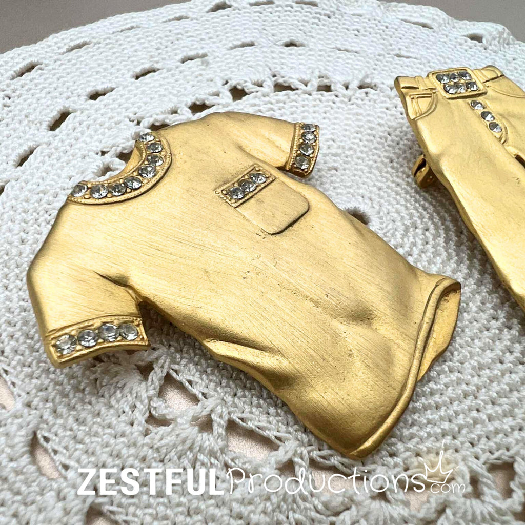 Vintage JJ Jonette Brooch Set Matte Gold Tshirt Jeans Rhinestones Figural Clothing Pins 1980s