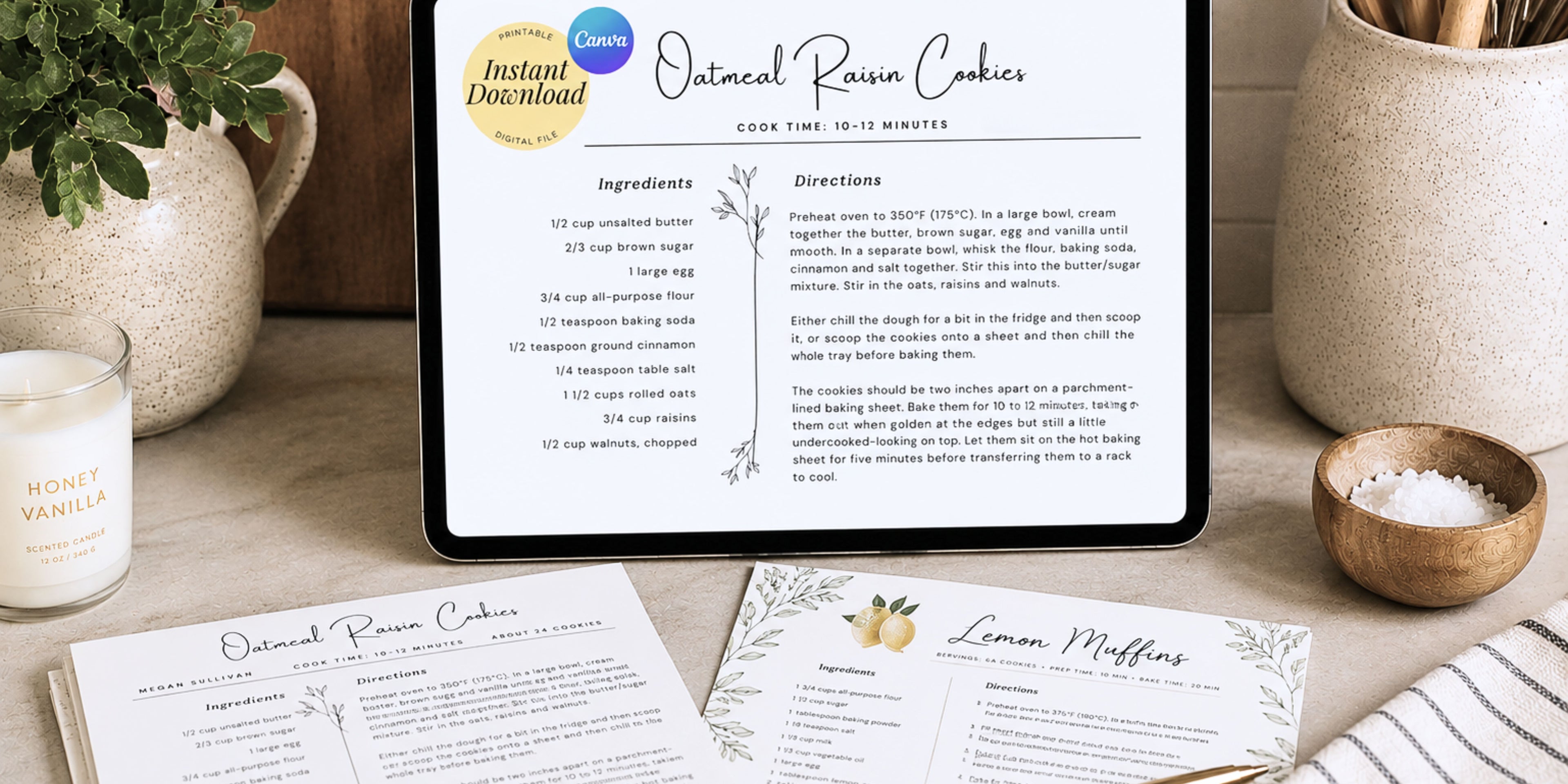 Tablet displaying a recipe for oatmeal raisin cookies on a table with baking ingredients.