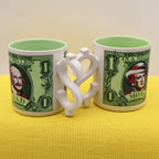 Side view of matching 1986 Enesco Mom and Dad coffee mugs with novelty handles