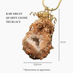 Peach druzy quartz geode necklace with measurement scale showing pendant size approximately 6 cm by 3.25 cm, gold wire wrapped crystal statement jewelry with natural stone proportions for size reference and fit visualization