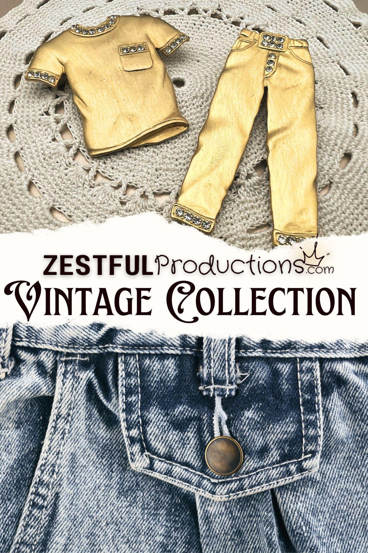 Vintage JJ Jonette Brooch Set Matte Gold Tshirt Jeans Rhinestones Figural Clothing Pins 1980s