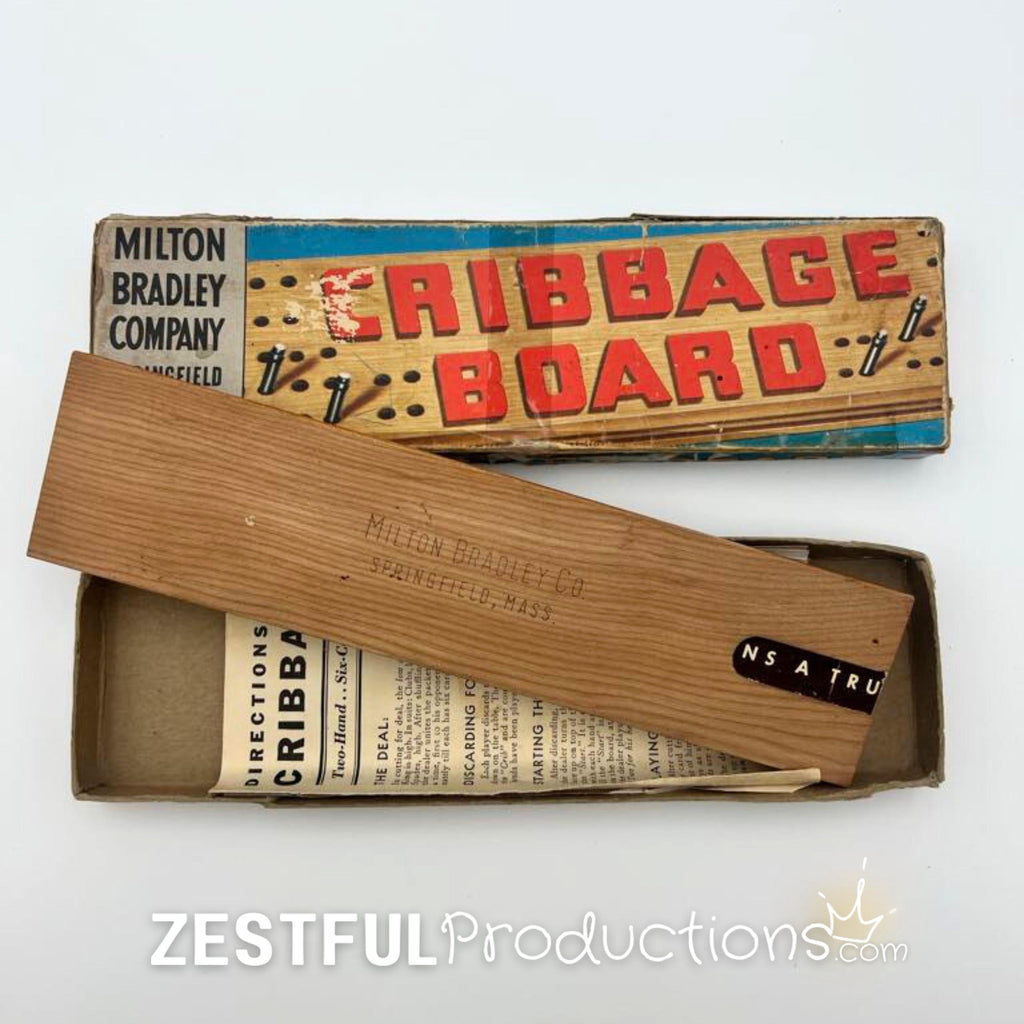 Vintage Milton Bradley Cribbage Board with Original Box & Instructions | 1950s Wooden Card Game Collectible