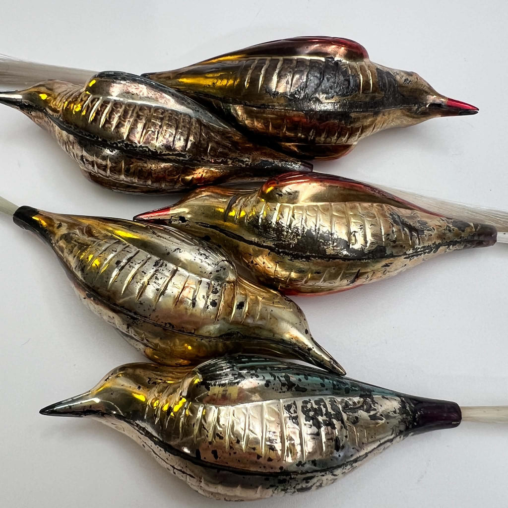 Antique German Blown Glass Bird Christmas Ornaments with Spun Glass Tails | 5 Piece Collector Lot