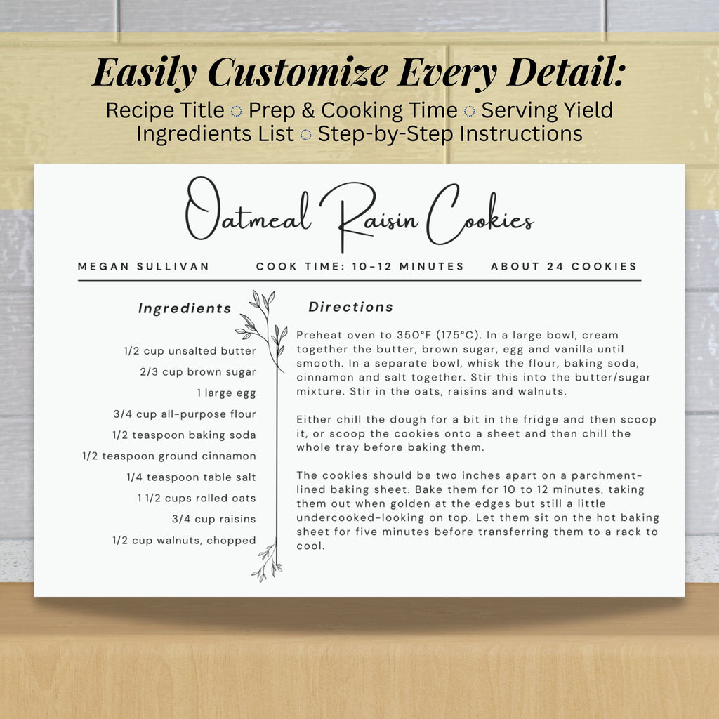 Botanical recipe card template beside an information sheet explaining the editable features. The 4 x 6 inch horizontal layout provides organized sections for ingredients, directions, recipe notes, preparation time, cooking time and servings.