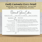 Botanical recipe card template beside an information sheet explaining the editable features. The 4 x 6 inch horizontal layout provides organized sections for ingredients, directions, recipe notes, preparation time, cooking time and servings.