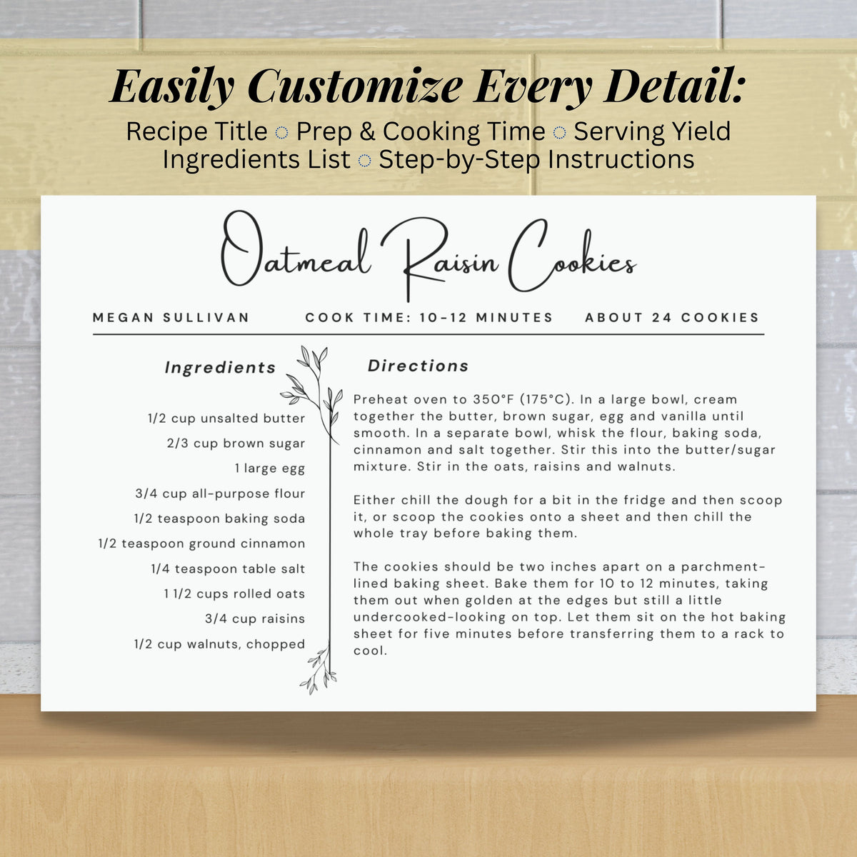 Botanical recipe card template beside an information sheet explaining the editable features. The 4 x 6 inch horizontal layout provides organized sections for ingredients, directions, recipe notes, preparation time, cooking time and servings.