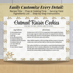 Completed oatmeal raisin cookie recipe beside an information sheet explaining how to customize the Golden Wheat recipe card. The vintage-inspired Canva template provides organized sections for ingredients, directions and important recipe details.
