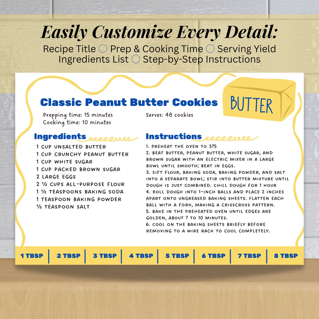 Completed peanut butter cookie recipe beside an information sheet explaining how to customize the Salted Butter recipe card. The playful Canva template includes organized recipe sections and a useful butter tablespoon guide along the bottom.