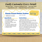 Completed peanut butter cookie recipe beside an information sheet explaining how to customize the Salted Butter recipe card. The playful Canva template includes organized recipe sections and a useful butter tablespoon guide along the bottom.