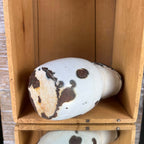 Enamelware jug resting on its side inside a wooden crate to reveal the underside and lower body. Extensive white coating loss exposes brown metal around the base, with additional irregular rust patches, yellow-brown discoloration, and fine lines in the remaining enamel.