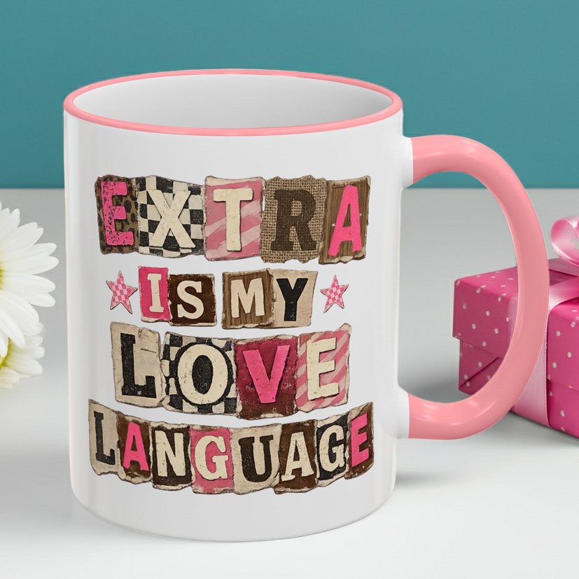 Extra Is My Love Language pink handle coffee mug with flowers and gift box, cute Mother’s Day gift idea for mom, funny quote mug for women, aesthetic pink ceramic mug for birthday or holiday gifting