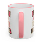 Extra Is My Love Language ceramic mug back view with pink handle detail, minimalist rear design of funny quote mug, durable 11oz coffee cup for daily use and gifting