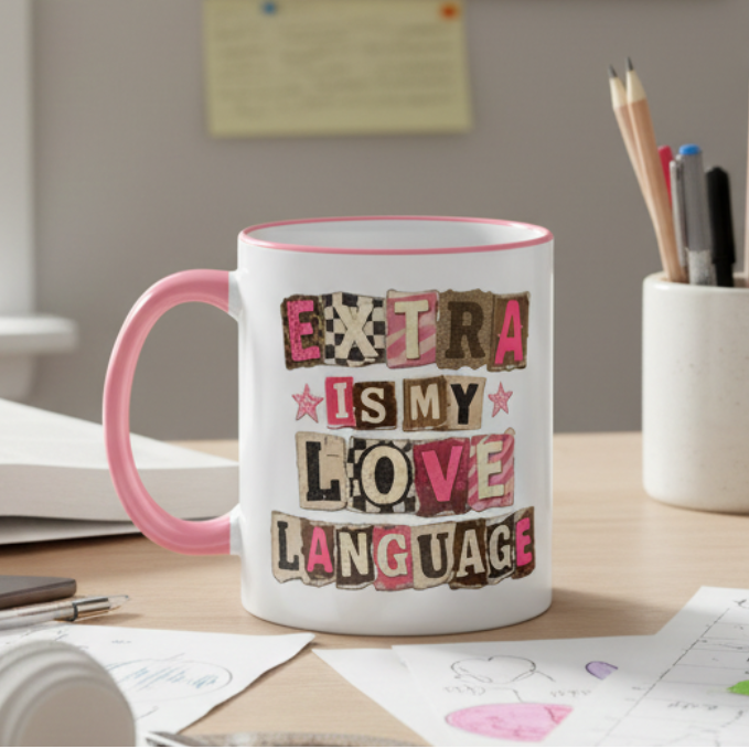 Extra Is My Love Language pink accent coffee mug styled on desk with notebook, pencils, headphones and planner, aesthetic workspace mug gift for women, cute funny quote ceramic mug for office or home