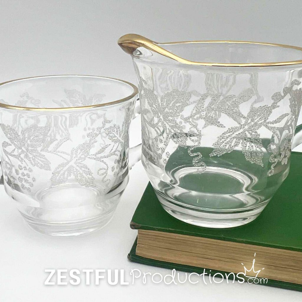 Vintage Bartlett Collins 806 Grape Leaf Cream & Sugar Set | Gold Rim Frosted Glass | Mid-Century Glassware