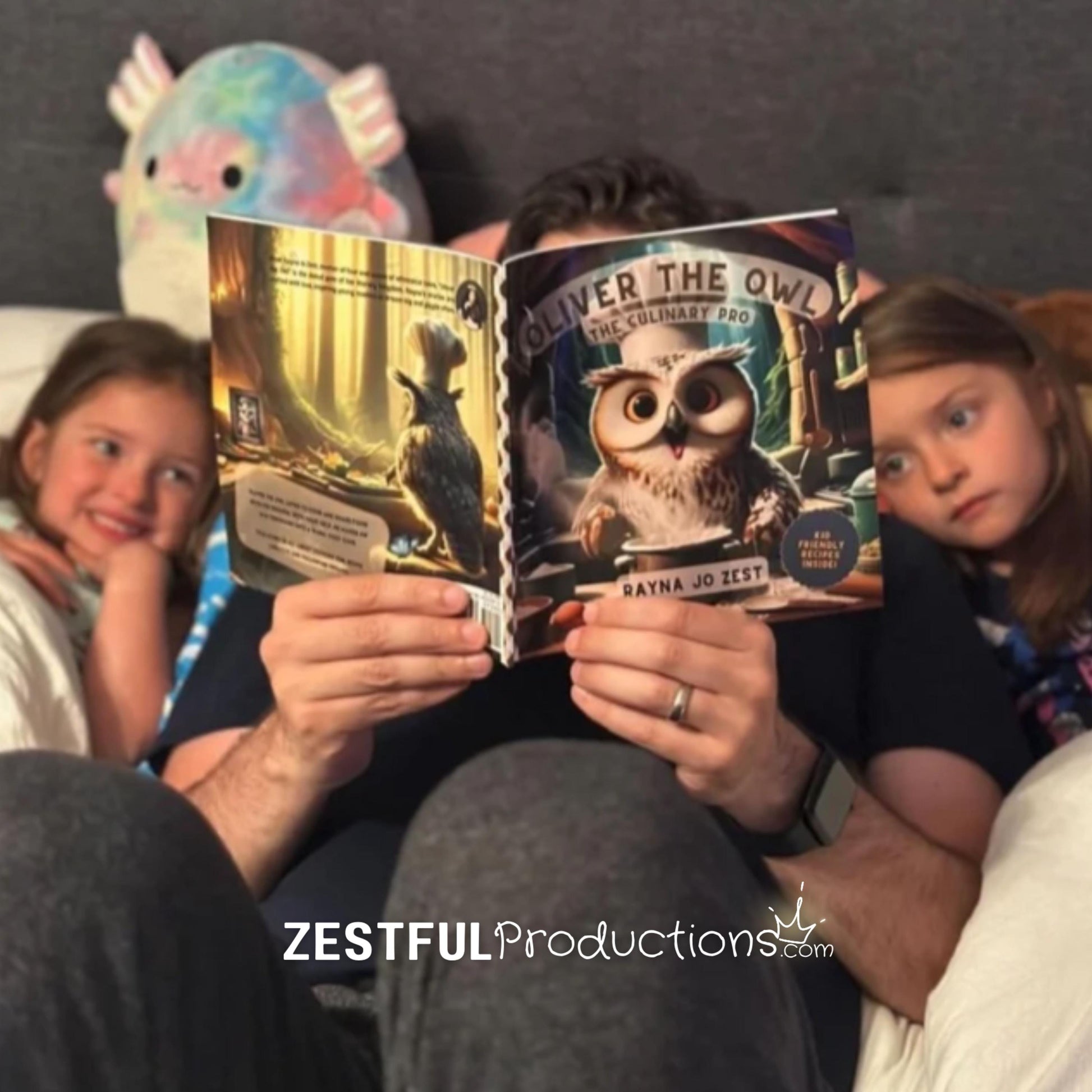 parent reading Oliver the Owl kids cookbook storybook with children during cozy bedtime family reading time