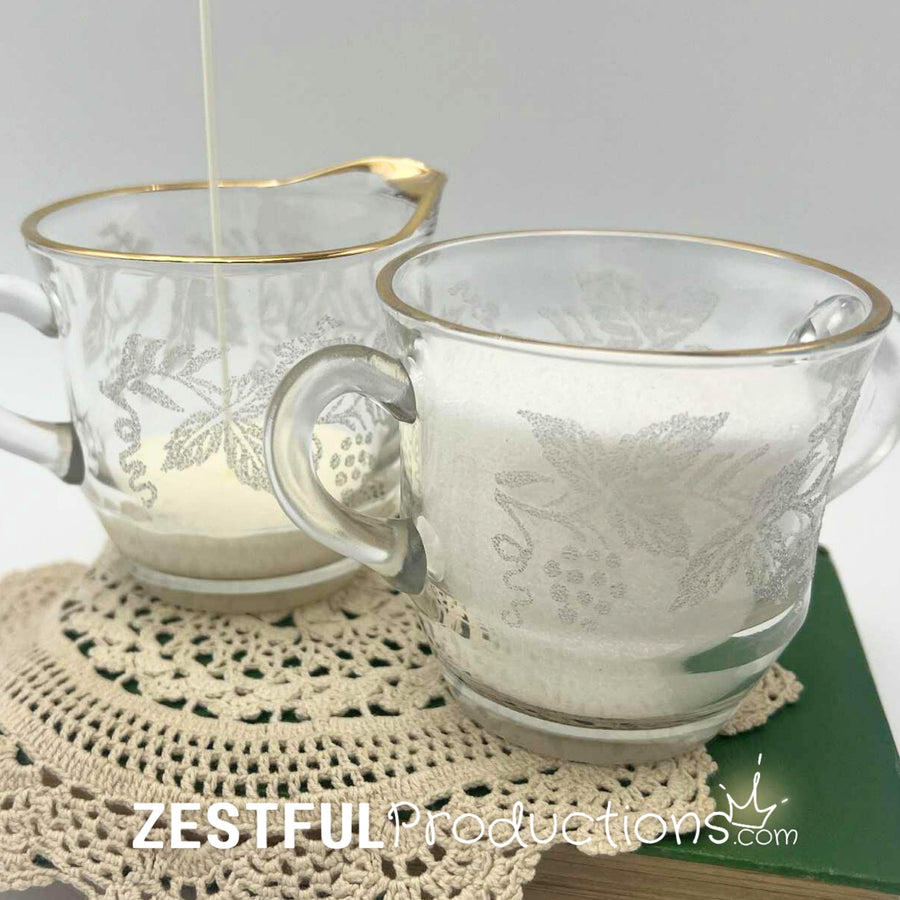 Vintage Bartlett Collins 806 Grape Leaf Cream & Sugar Set | Gold Rim Frosted Glass | Mid-Century Glassware