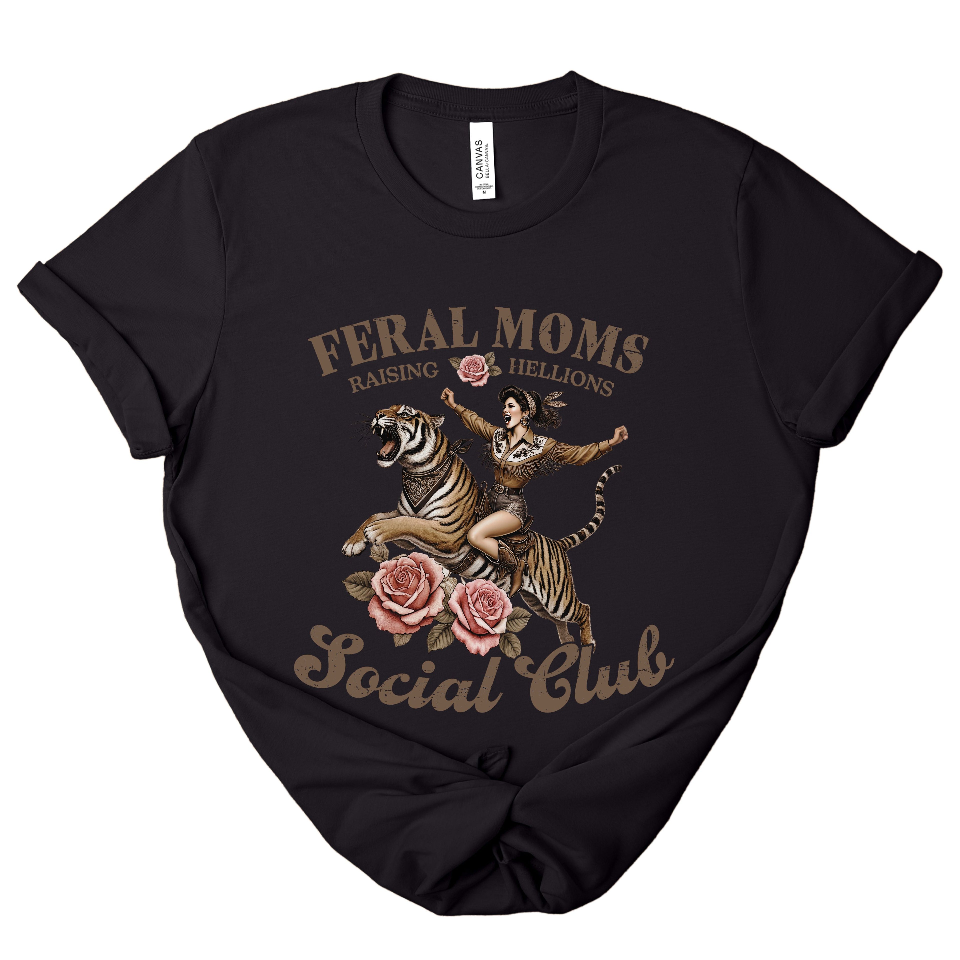 Tiger Graphic Tshirt Funny Mom Design Woman Rider Illustration Feral Moms Artwork Rebellious Mother Clothing Sarcastic Saying Apparel Cool Mama Fashion Cotton Fabric Quality Comfortable Fit Everyday Casual Wear Statement Piece Multiple