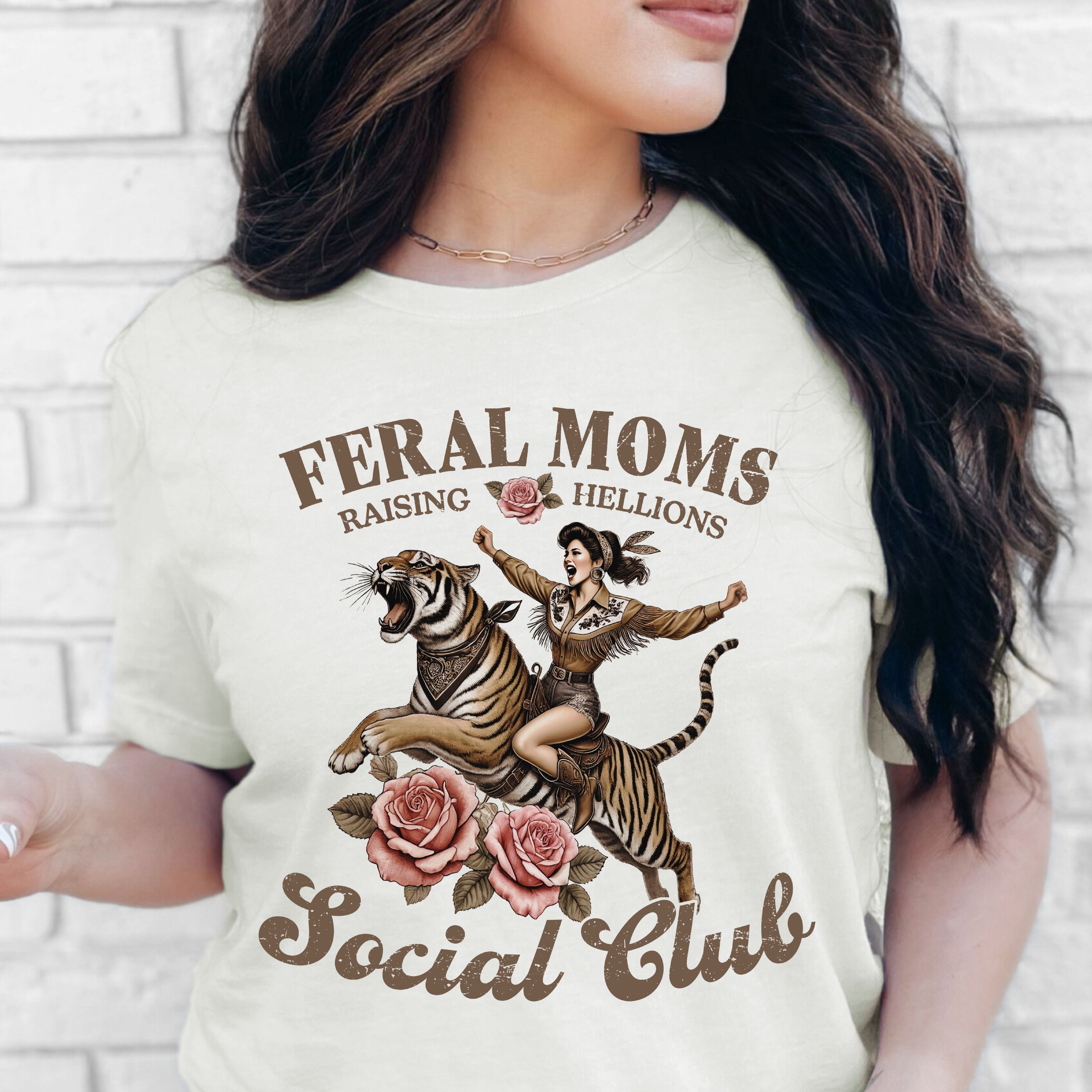 Funny Mom Shirt Tiger Graphic Tee Cotton Wild Style Clothing Cool Mama Apparel Gift Rebellious Mother Humor Tshirt Sarcastic Saying Woman Riding Tiger Design Feral Moms Club Artwork Motherhood Statement Piece Casual Wear Everyday Fashion