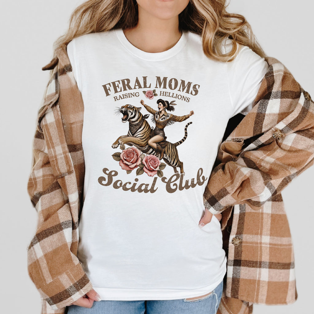 Cotton Tshirt Design Funny Mom Graphic Woman Riding Tiger Artwork Feral Moms Club Illustration Rebellious Mother Apparel Sarcastic Humor Clothing Cool Mama Fashion Statement Soft Fabric Quality Comfortable Everyday Wear Multiple Color
