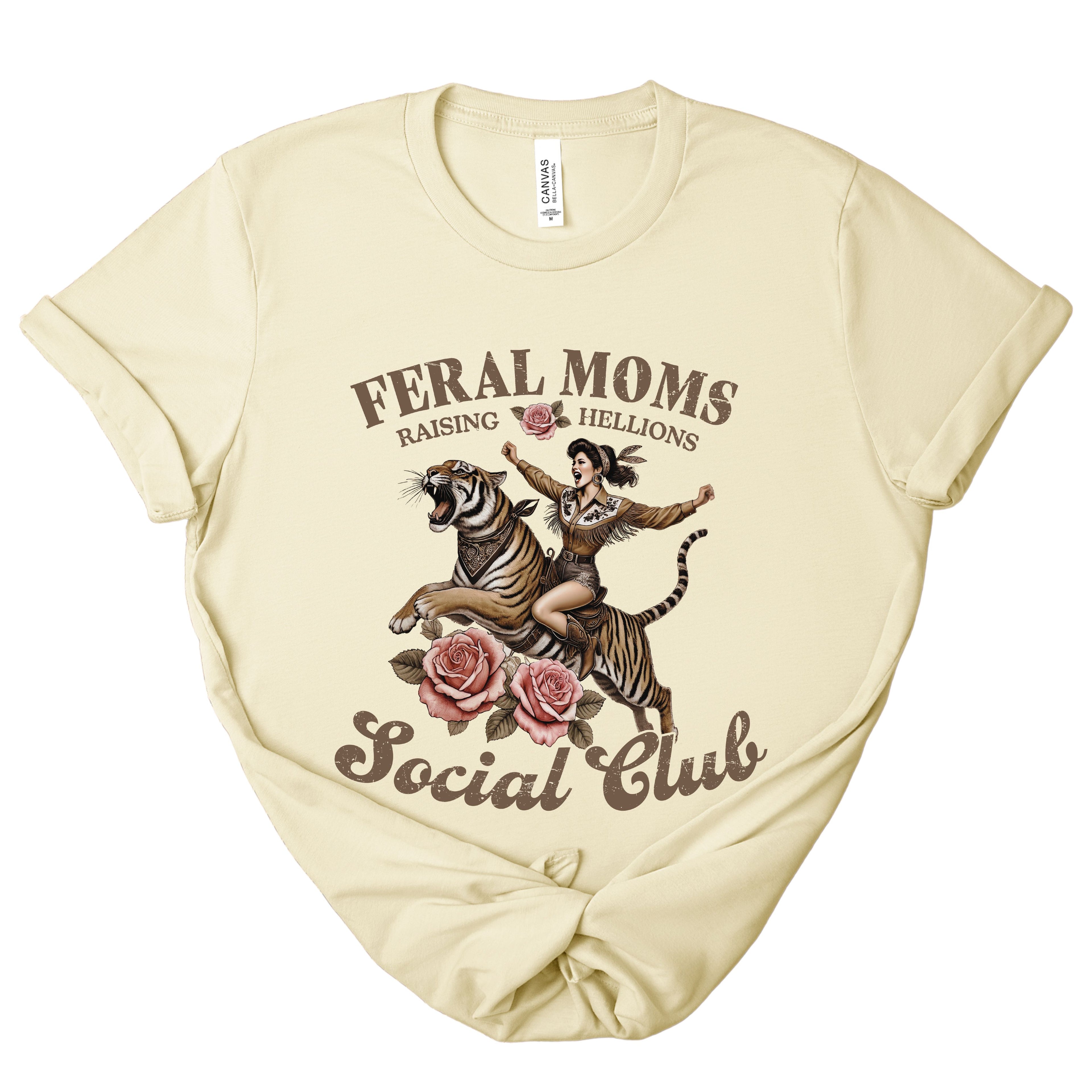 Tiger Graphic Tshirt Funny Mom Design Woman Rider Illustration Feral Moms Artwork Rebellious Mother Clothing Sarcastic Saying Apparel Cool Mama Fashion Cotton Fabric Quality Comfortable Fit Everyday Casual Wear Statement Piece Multiple
