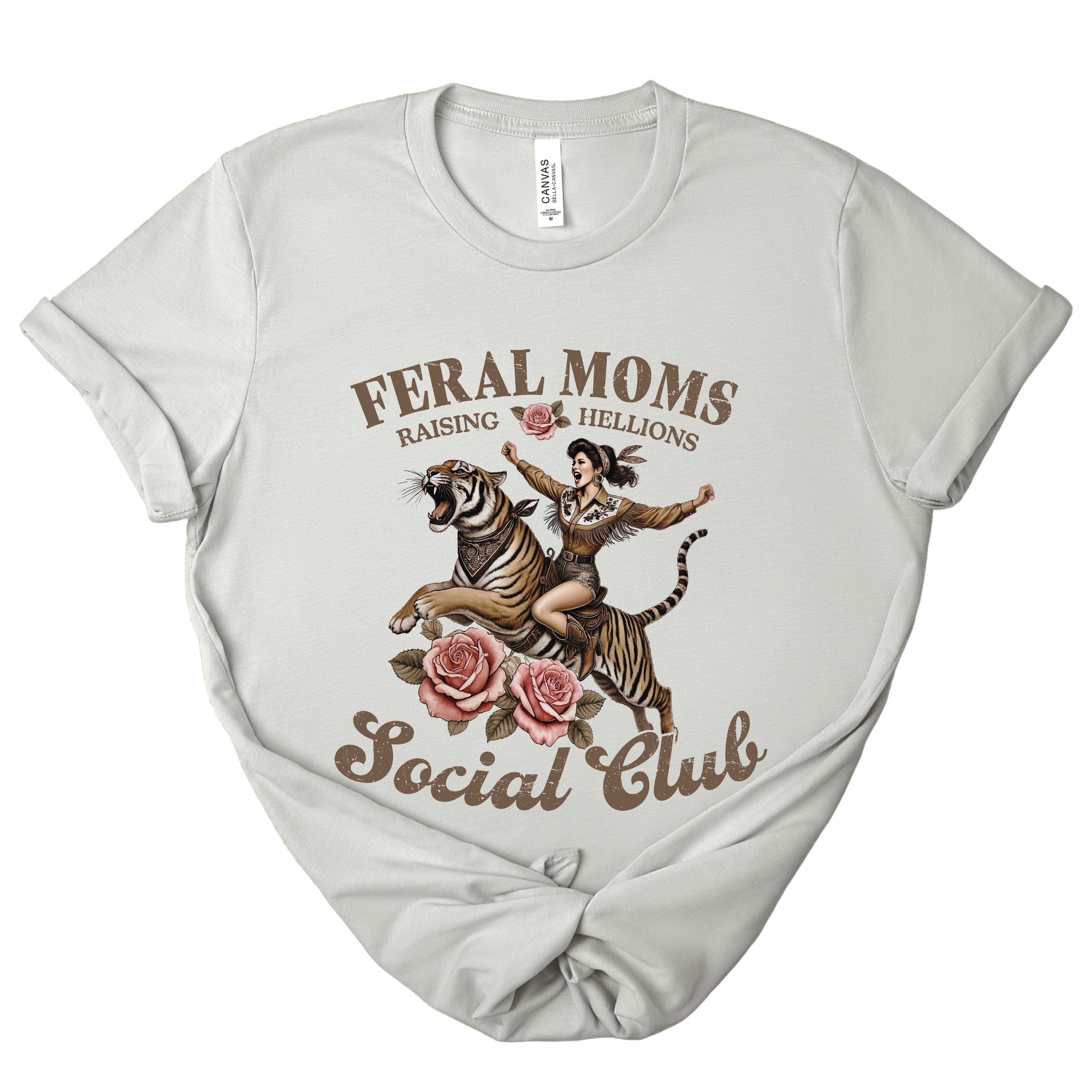 Rebellious Mother Shirt Funny Mom Tiger Graphic Woman Rider Design Feral Moms Club Tshirt Sarcastic Parent Humor Clothing Cool Mama Statement Piece Cotton Fabric Quality Comfortable Everyday Wear Perfect Gift Idea Birthday Present Special