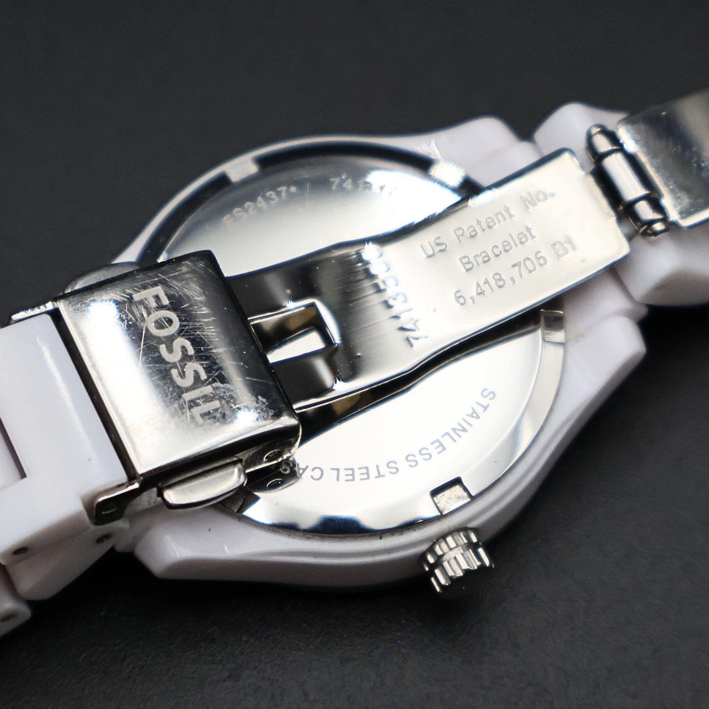 Fossil white resin watch clasp detail stainless steel fold over closure ES2437 model