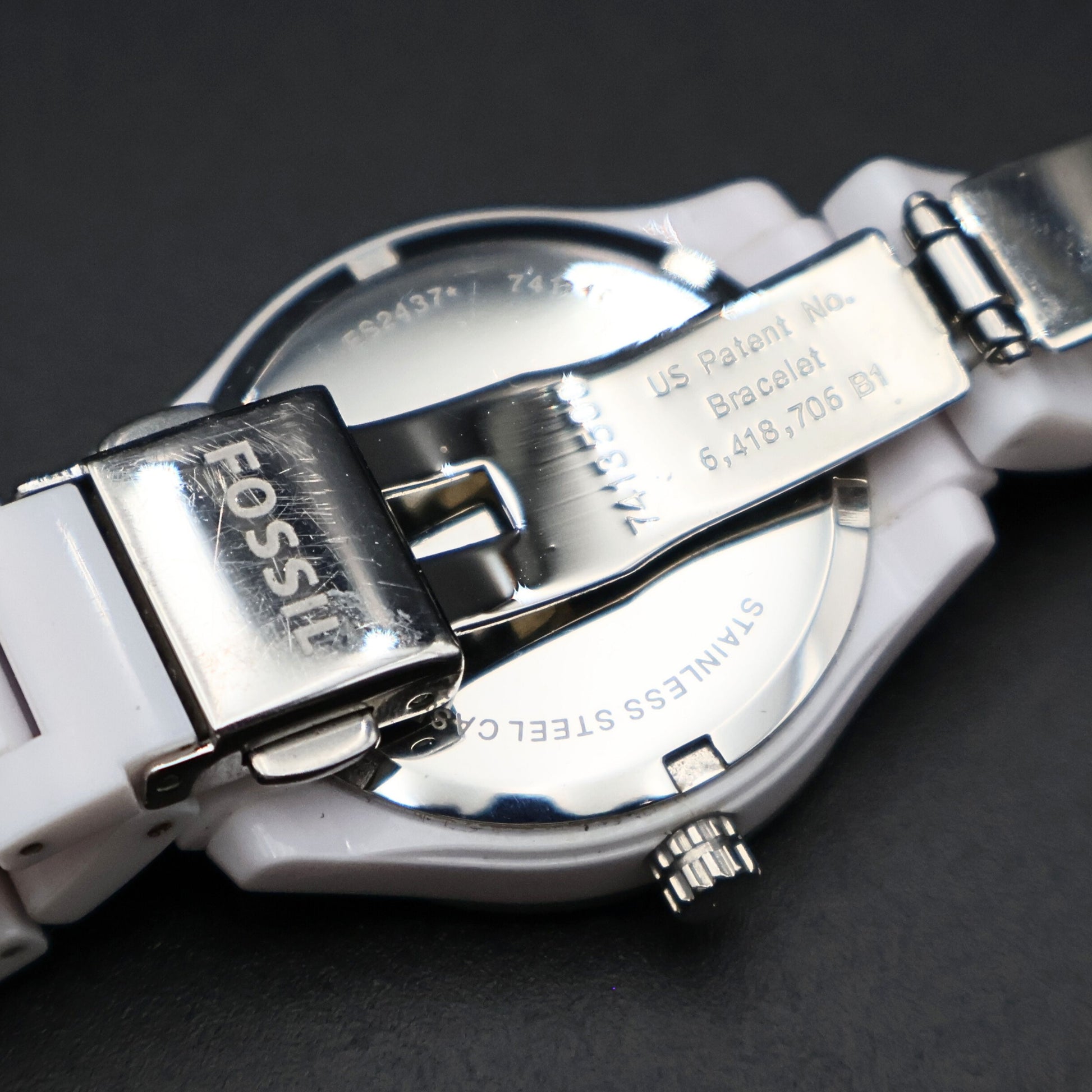 Fossil white resin watch clasp detail stainless steel fold over closure ES2437 model