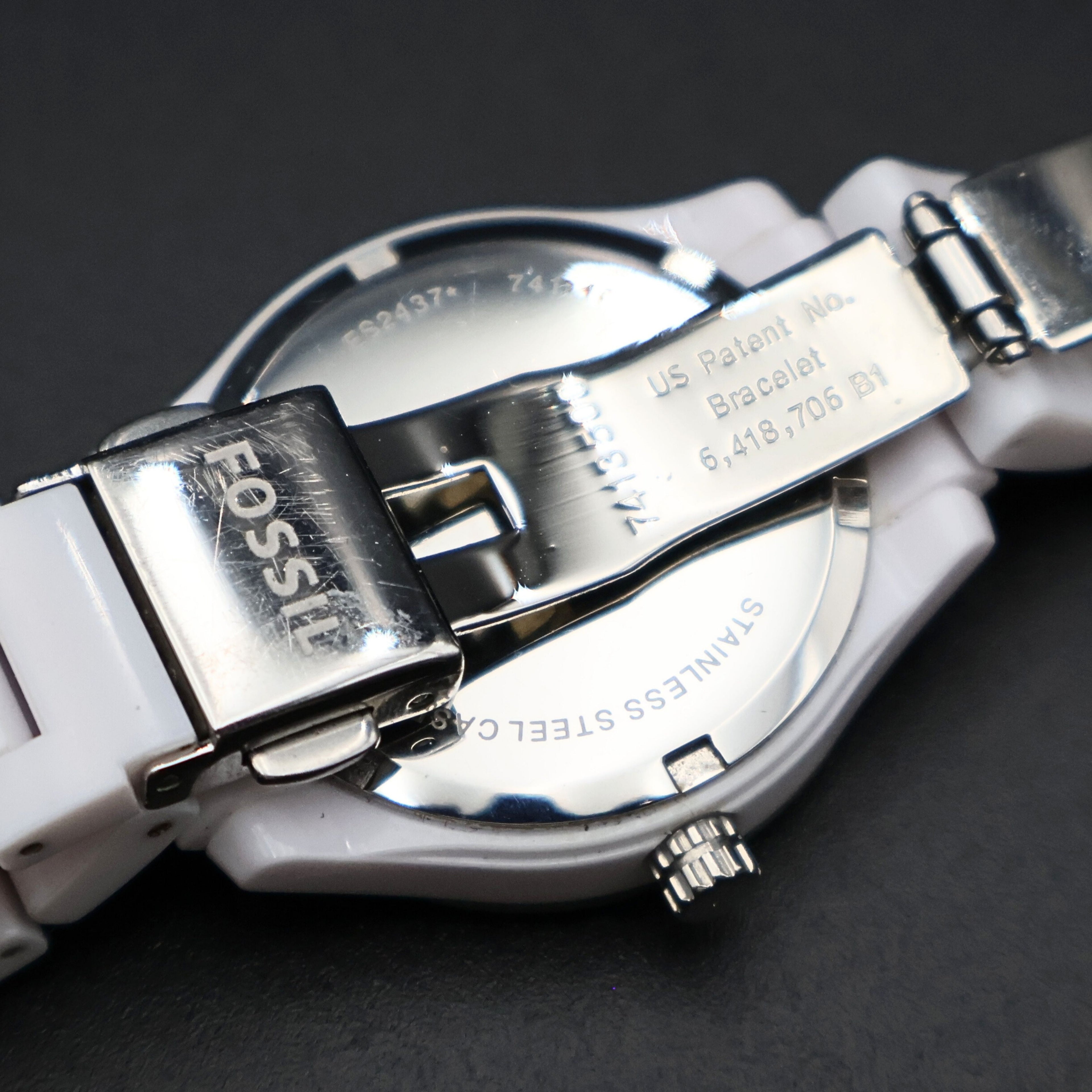 Fossil white resin watch clasp detail stainless steel fold over closure ES2437 model