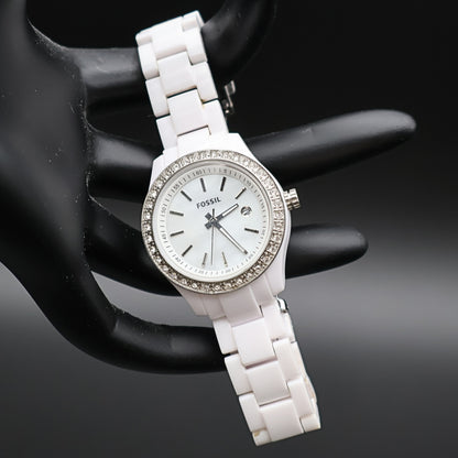 Fossil Stella Mini ES2437 women’s white resin bracelet watch with crystal bezel and silver dial front view