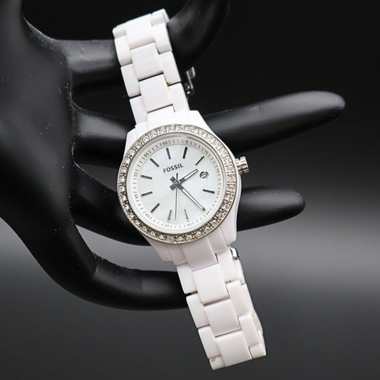 Fossil Stella Mini ES2437 women’s white resin bracelet watch with crystal bezel and silver dial front view