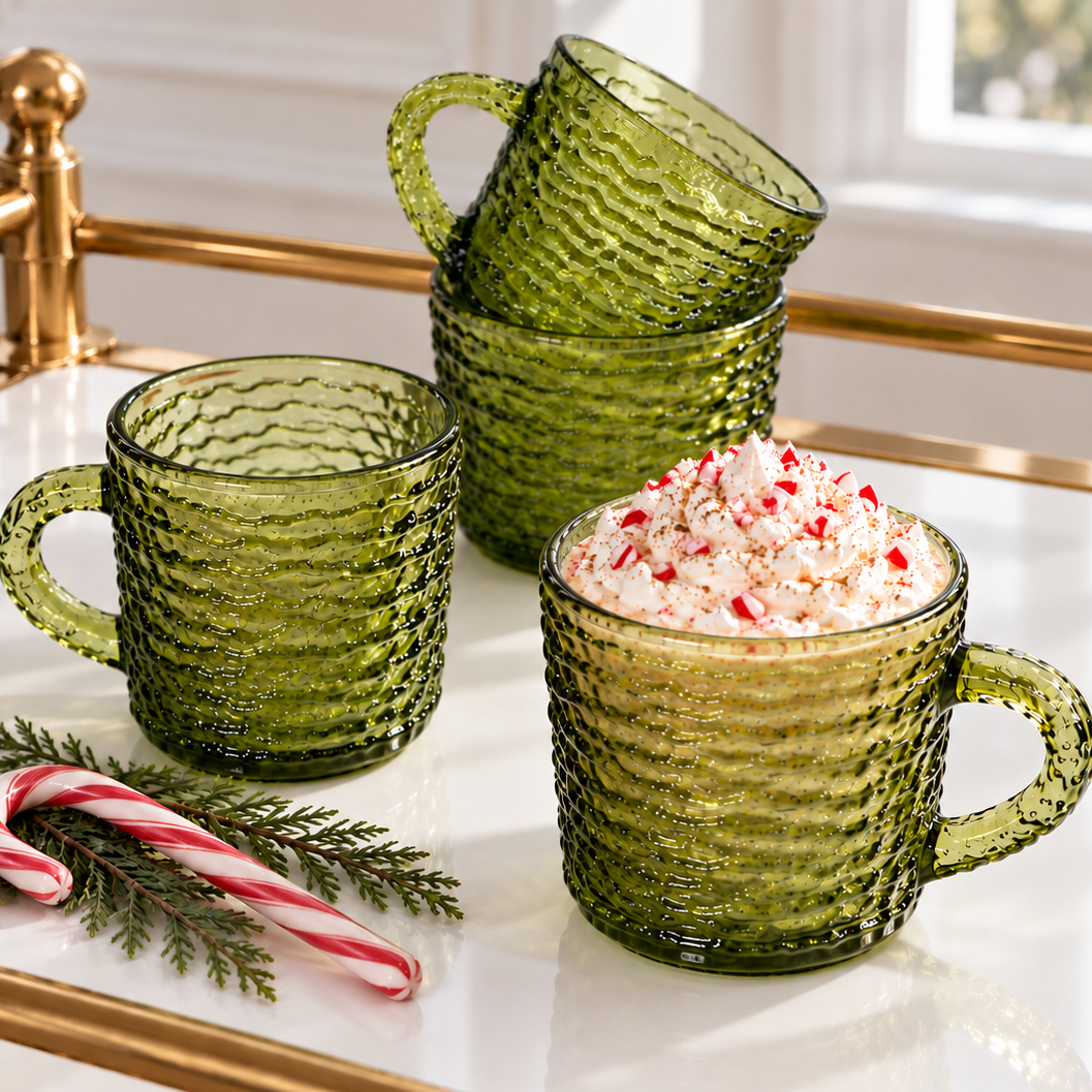 Vintage Anchor Hocking Soreno Avocado Green Punch Cups | Mid-Century Bark-Textured Glass