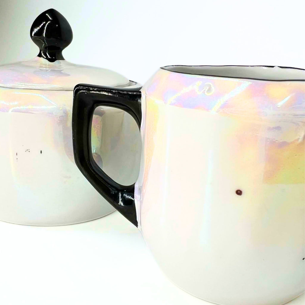 Antique 1920s German Lusterware Cream and Sugar Set | Iridescent Pearlescent Art Deco Sugar Bowl and Creamer