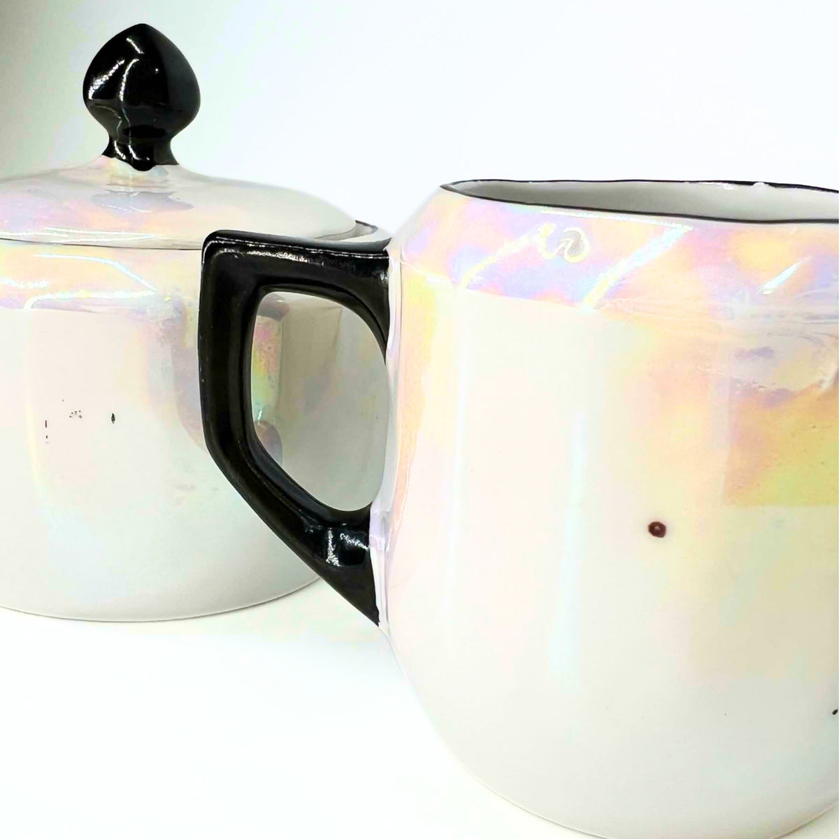 Antique 1920s German Lusterware Cream and Sugar Set | Iridescent Pearlescent Art Deco Sugar Bowl and Creamer
