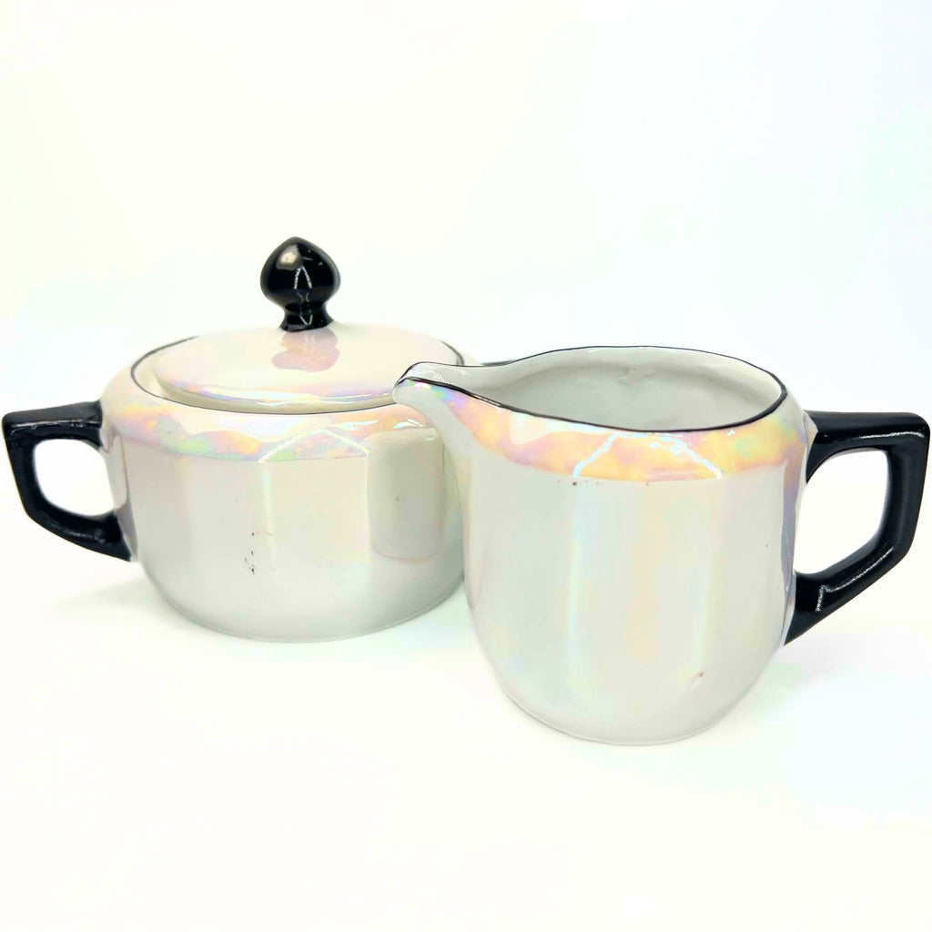 Antique 1920s German Lusterware Cream and Sugar Set | Iridescent Pearlescent Art Deco Sugar Bowl and Creamer