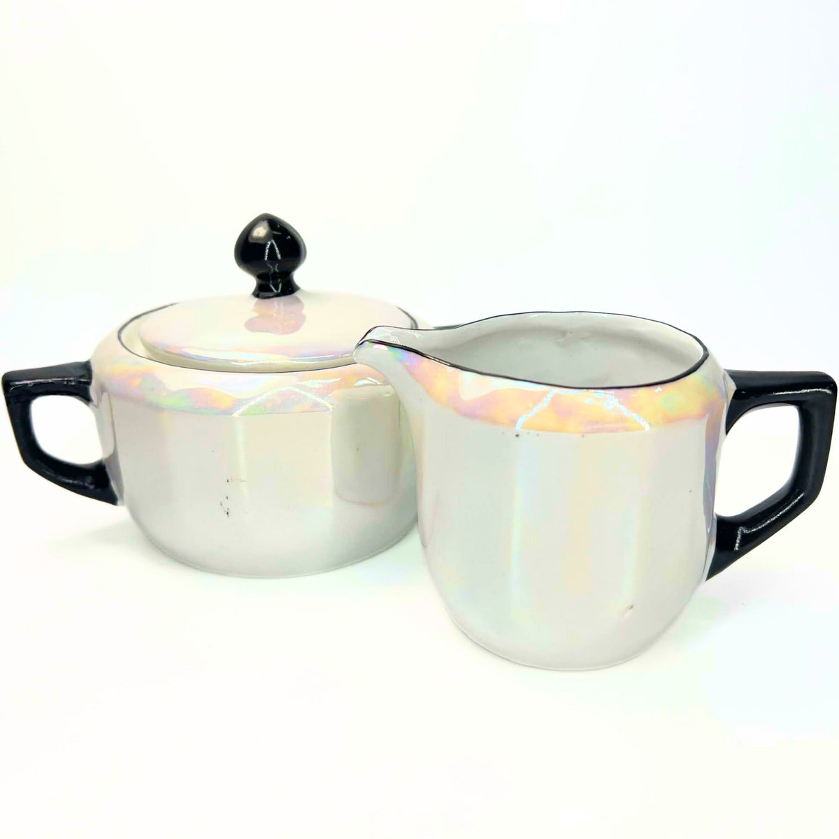 Antique 1920s German Lusterware Cream and Sugar Set | Iridescent Pearlescent Art Deco Sugar Bowl and Creamer