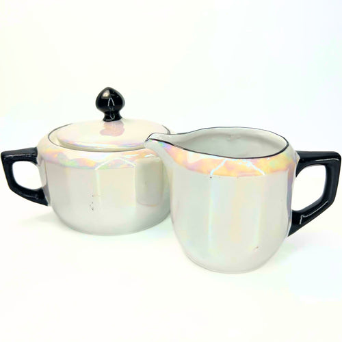 Antique 1920s German Lusterware Cream and Sugar Set | Iridescent Pearlescent Art Deco Sugar Bowl and Creamer