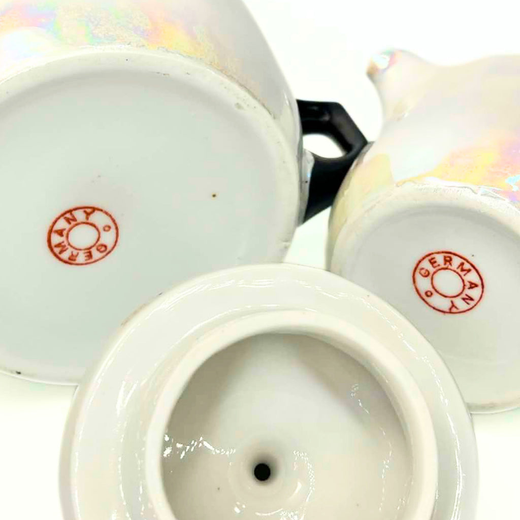 Antique 1920s German Lusterware Cream and Sugar Set | Iridescent Pearlescent Art Deco Sugar Bowl and Creamer