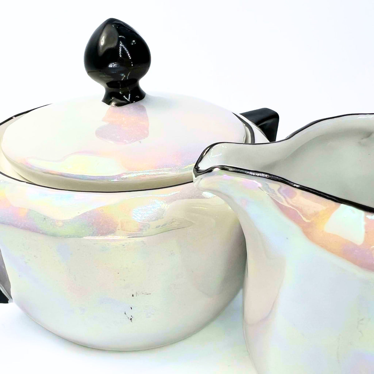 Antique 1920s German Lusterware Cream and Sugar Set | Iridescent Pearlescent Art Deco Sugar Bowl and Creamer