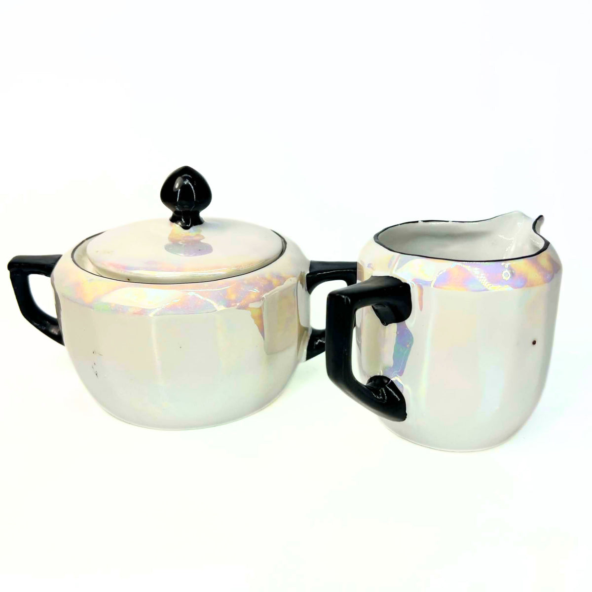 Antique 1920s German Lusterware Cream and Sugar Set | Iridescent Pearlescent Art Deco Sugar Bowl and Creamer