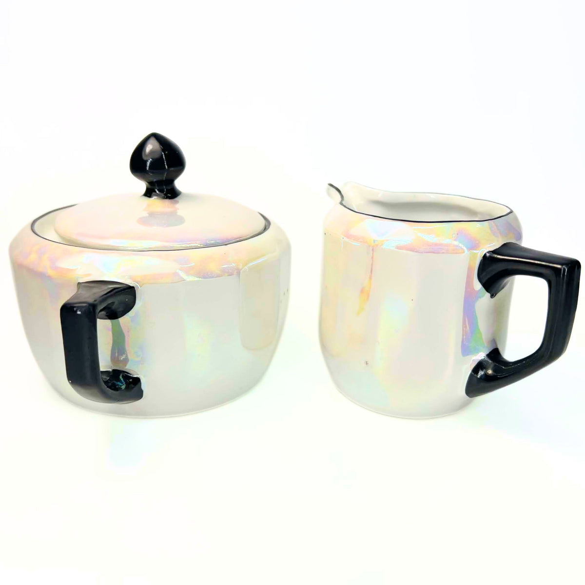 Antique 1920s German Lusterware Cream and Sugar Set | Iridescent Pearlescent Art Deco Sugar Bowl and Creamer