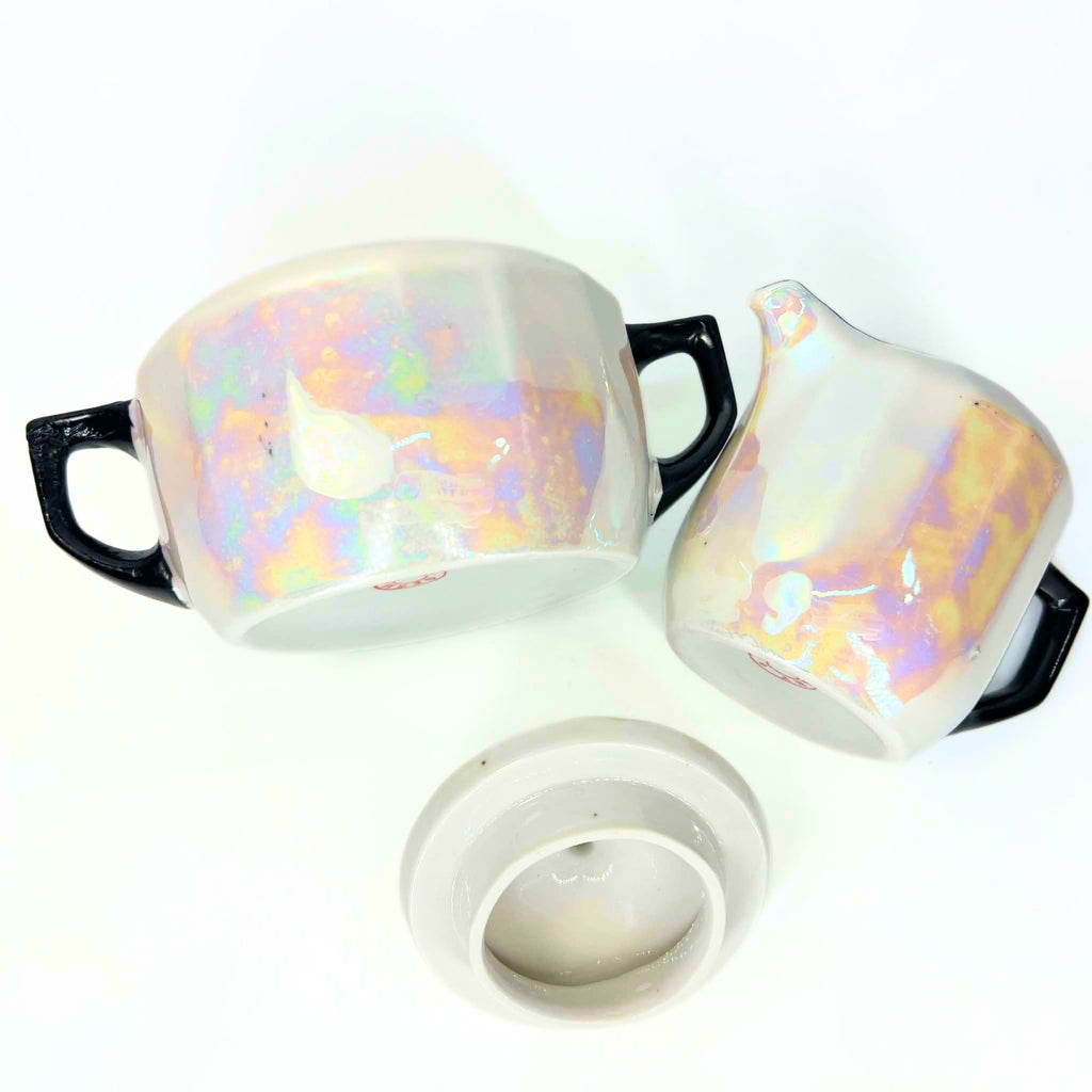 Antique 1920s German Lusterware Cream and Sugar Set | Iridescent Pearlescent Art Deco Sugar Bowl and Creamer
