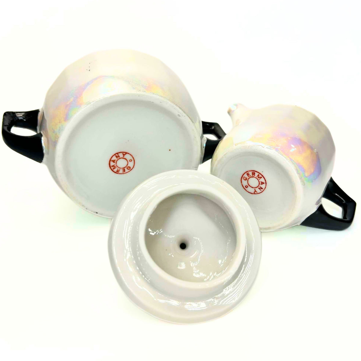 Antique 1920s German Lusterware Cream and Sugar Set | Iridescent Pearlescent Art Deco Sugar Bowl and Creamer