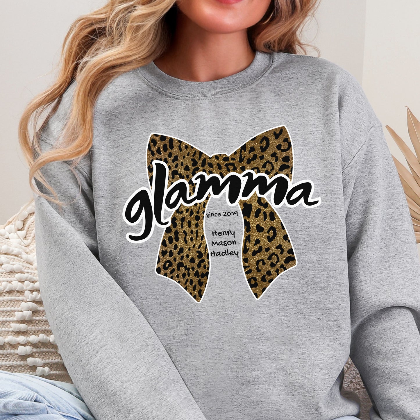 Personalized Glamma leopard bow sweatshirt worn by model