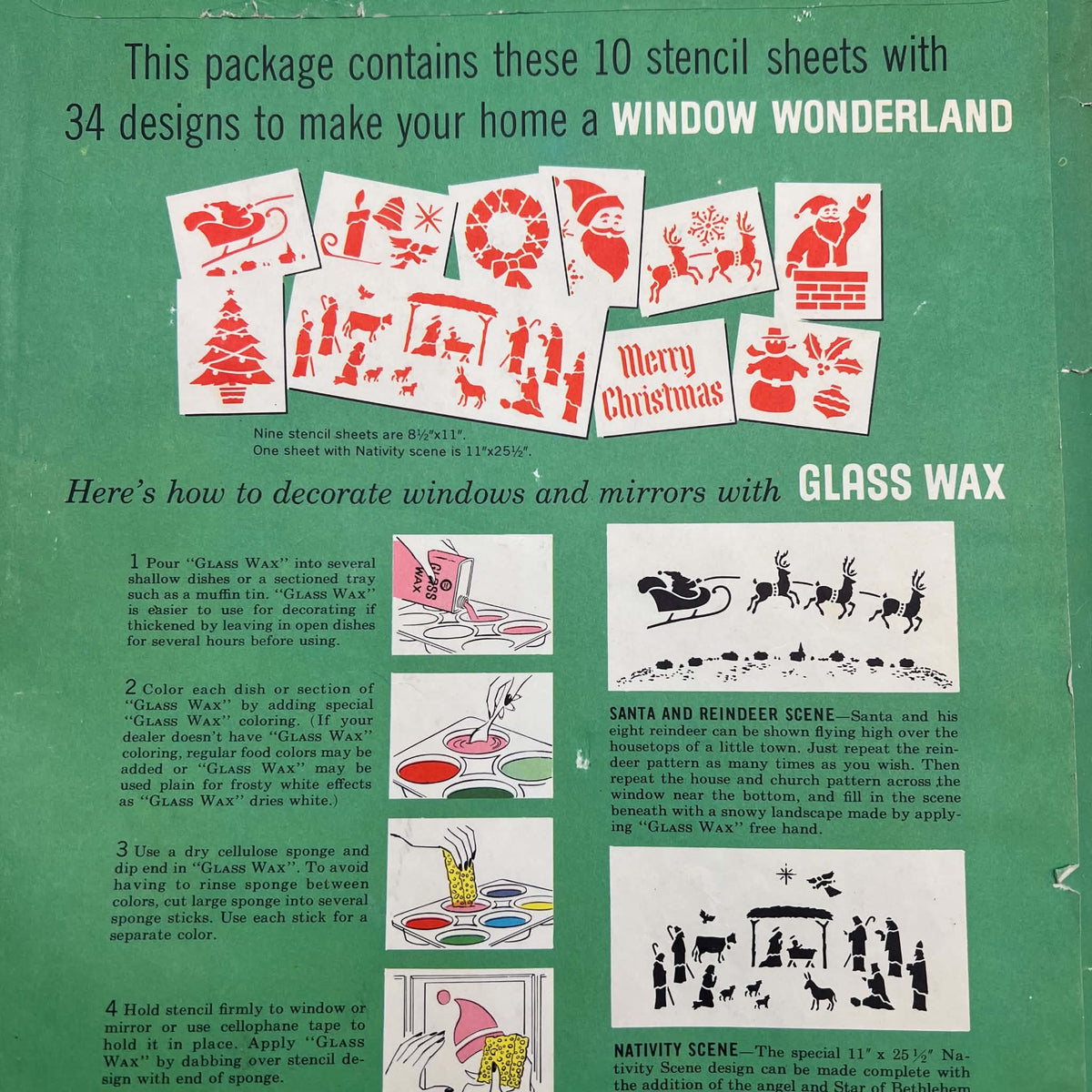 Detail of the green Gold Seal Glass Wax package advertising 10 stencil sheets with 34 Christmas designs. Printed examples include Santa, a wreath, reindeer, a tree, a Nativity scene, and Merry Christmas lettering above illustrated sponge application instructions.
