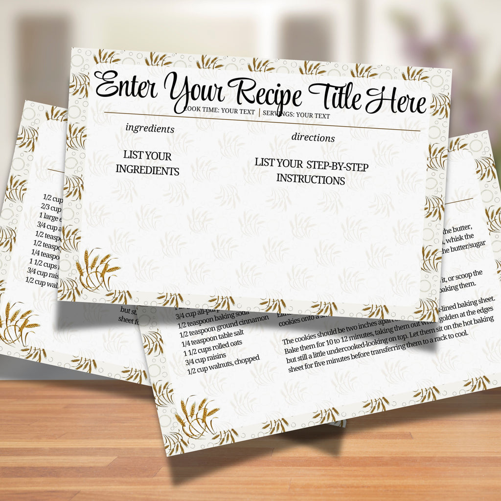 Blank horizontal recipe card template framed with golden wheat sprigs and displayed on a kitchen counter. The editable 4 x 6 inch layout includes spaces for a recipe title, ingredients, directions, preparation time, cooking time and servings.